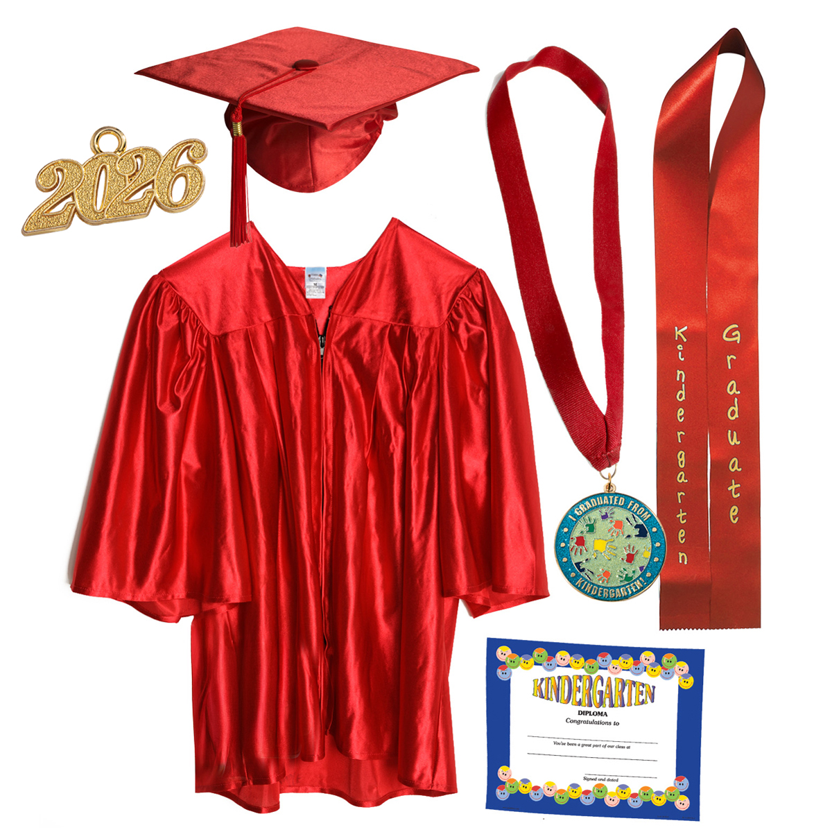 Kindergarten Graduation Award Set - Shiny by Little Graduates, Shiny Gown + Cap + Tassel + Charm + Medallion with Ribbon +Sash